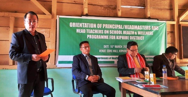 Officials addressing the launching programme of School Health & Wellness Programme under aegis of School Health Programme of Ayushman Bharat in Aspirational District Kiphire on March 16.